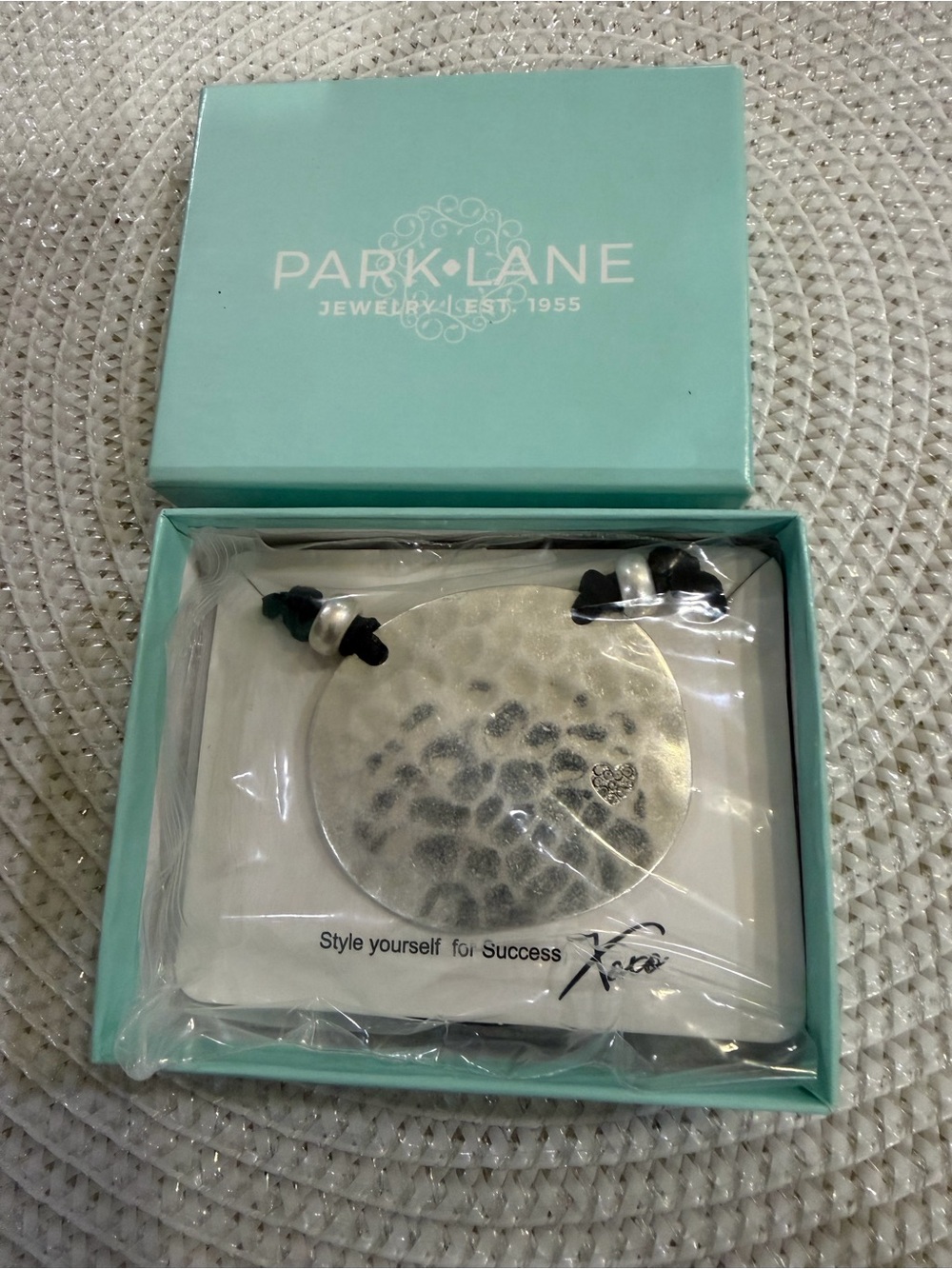 Park Lane Silver-Tone Hammered Disc Pendant with Black Cord Accents